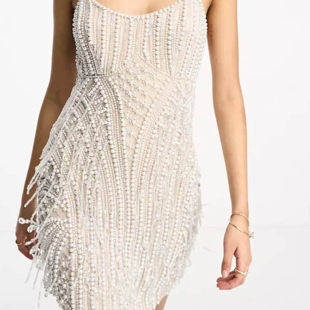 ASOS DESIGN embellished pearl cami bust detail mini dress in cream